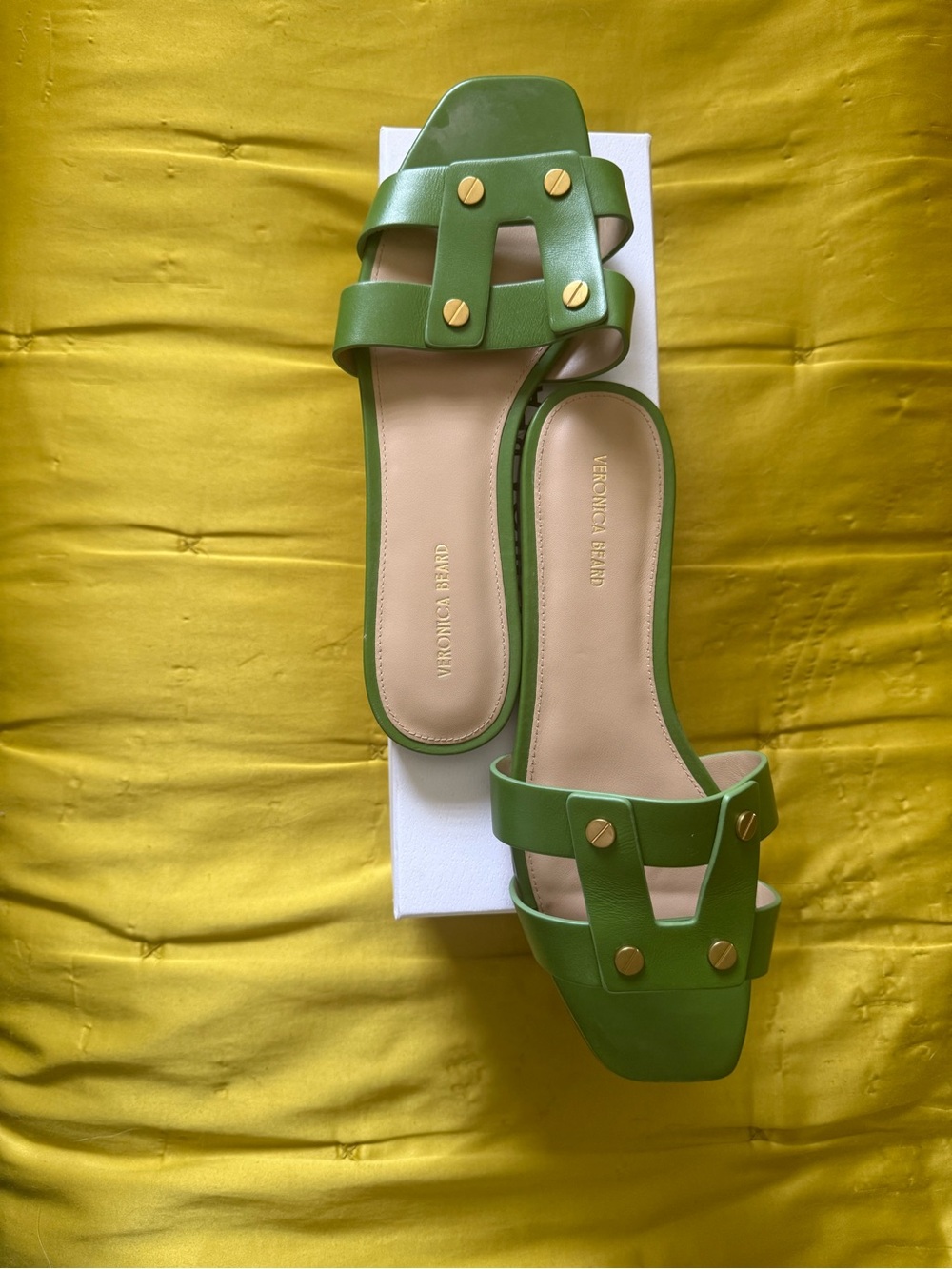 Veronica Beard Olive Green Leather Slide Mules with Gold Studs